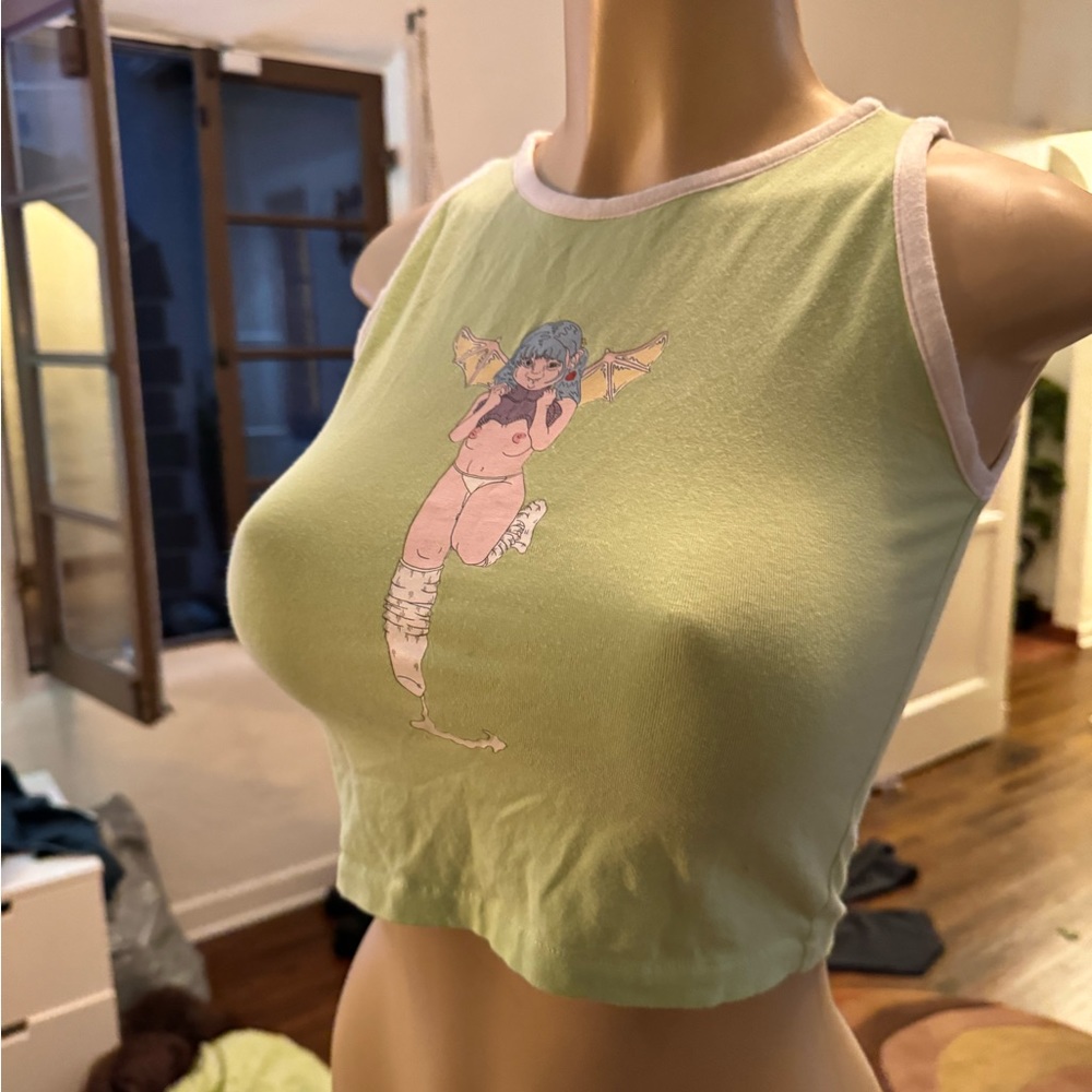 NWOT pastel green cut off graphic tank top size S